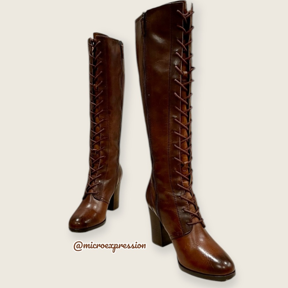 $699 Frye Parker Lace-Up Victorian Brown Leather Tall Boho Heeled Knee High Boot - Picture 13 of 16
